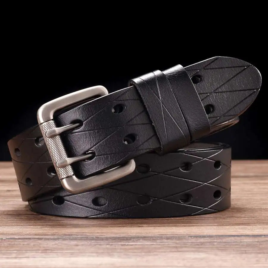 Men's Leather Double Prong Belt Classic Pin Buckle Strap Universal Hollowed Out Waistband NEW Width:3.8cm