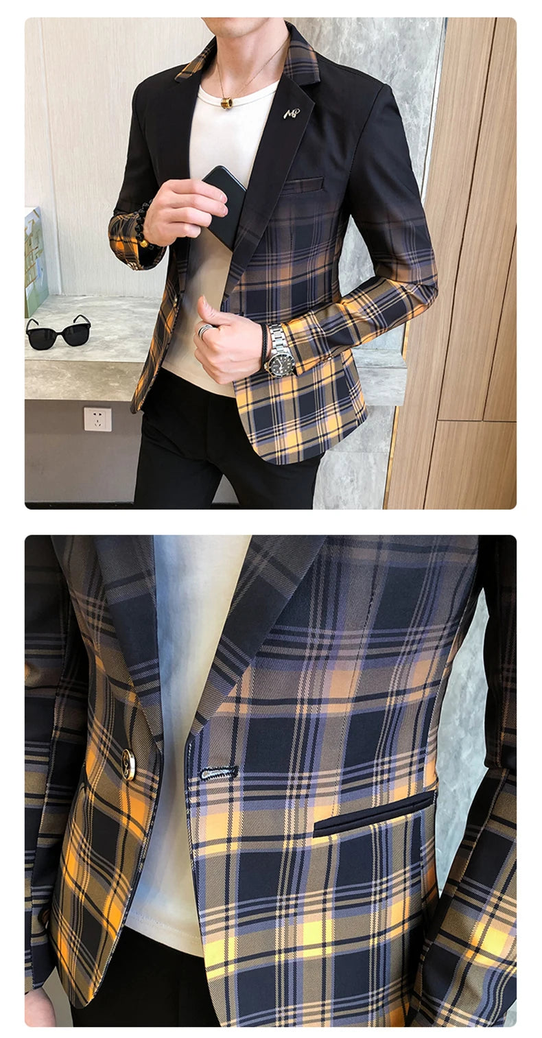 Blazer Men Boutique Fashion Plaid Men's Slim Casual Suit Jacket Male Ball Social Blazer Suit Coat Host Clothing