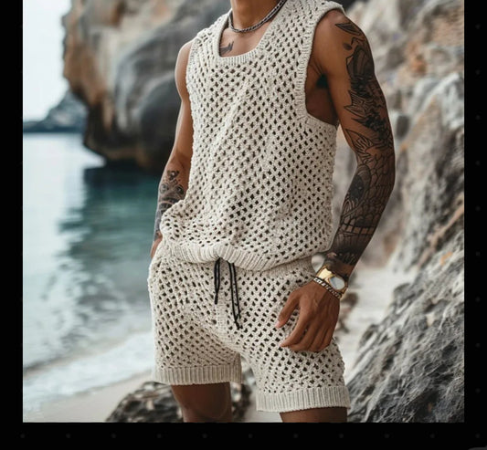 2024 Men's Summer Casual Knit Two-piece Sets Fashion Solid Loose Tank Tops and Shorts Beach Sport Suit Men Hollow Out Streetwear