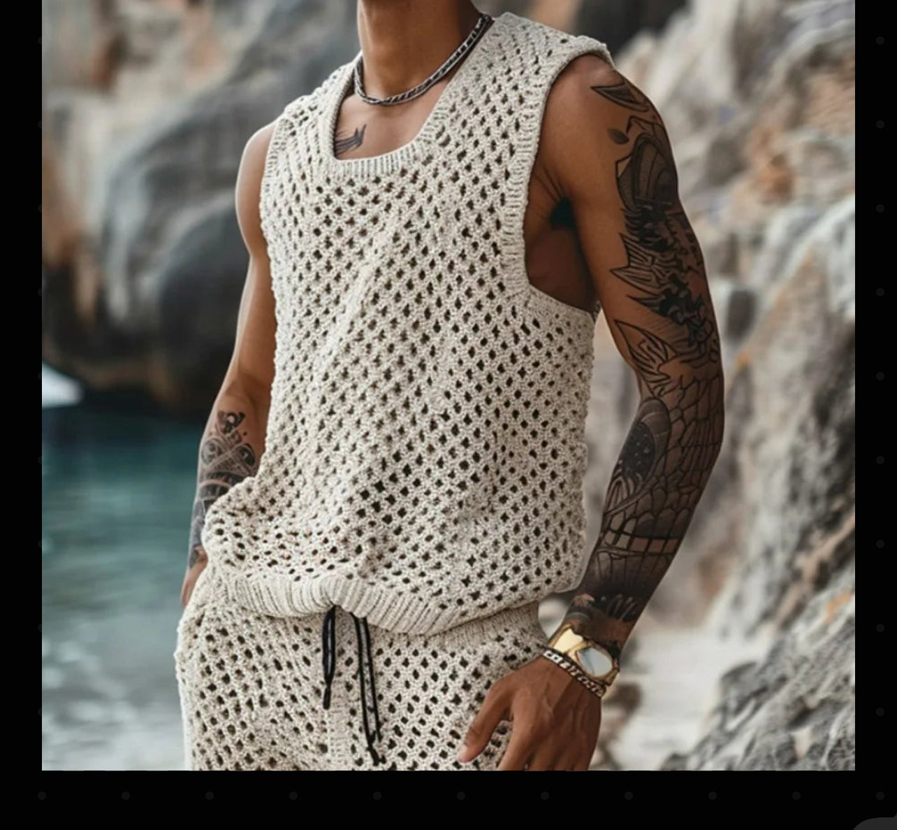 2024 Men's Summer Casual Knit Two-piece Sets Fashion Solid Loose Tank Tops and Shorts Beach Sport Suit Men Hollow Out Streetwear