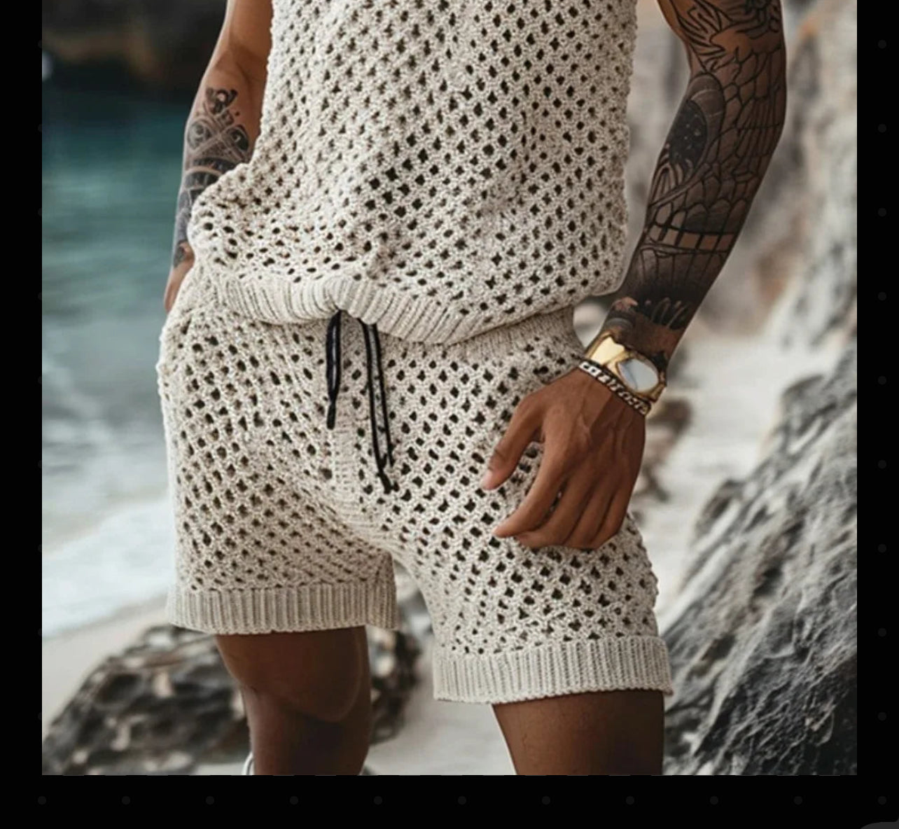 2024 Men's Summer Casual Knit Two-piece Sets Fashion Solid Loose Tank Tops and Shorts Beach Sport Suit Men Hollow Out Streetwear