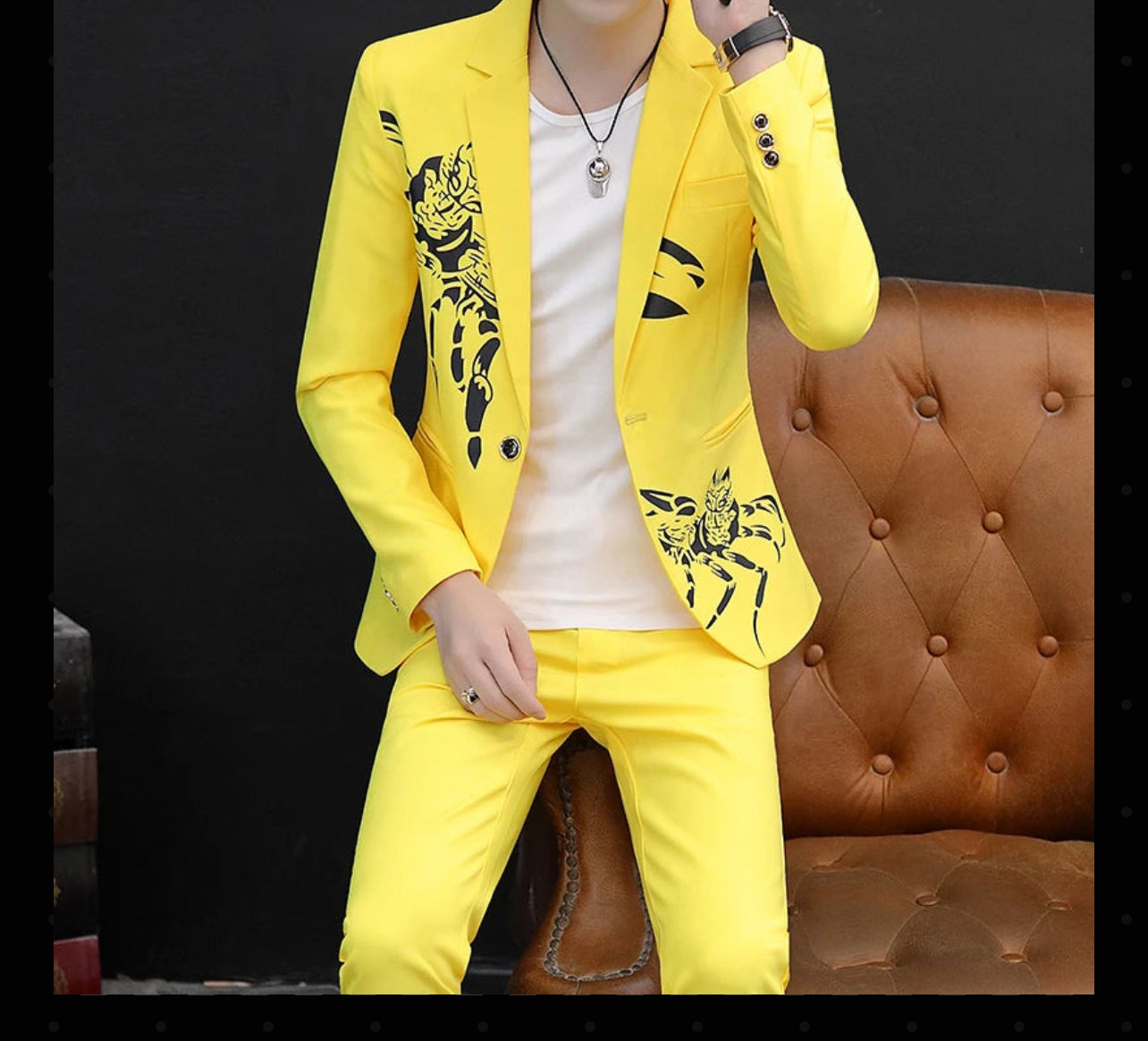 2024 New Men's Yellow Printed Suit Jacket and Trousers Spring Autumn Slim Men 2 Piece White Black Blazer Pants