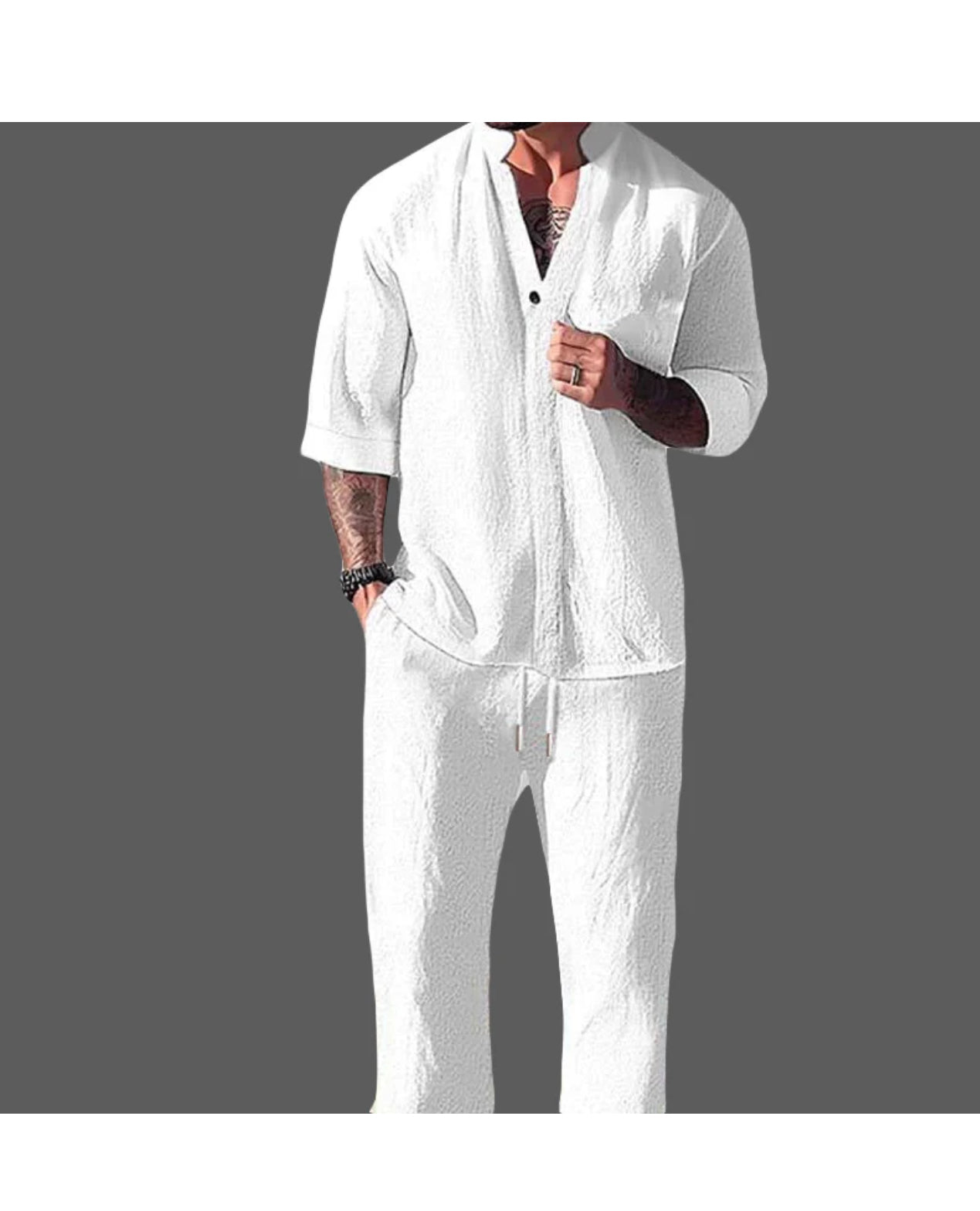 Summer Casual Cotton Linen Two Piece Men Set Fashion Loose V Neck Half Sleeve Tops and Trouser Suits Mens