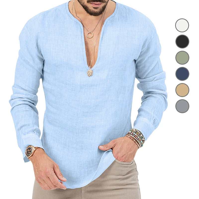 Henry Neck Linen Long-Sleeved T-shirt Japanese Style Henry Collar Long Linen Sleeves T-shirt Men