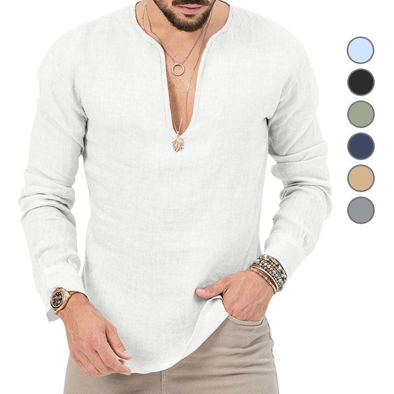 Henry Neck Linen Long-Sleeved T-shirt Japanese Style Henry Collar Long Linen Sleeves T-shirt Men