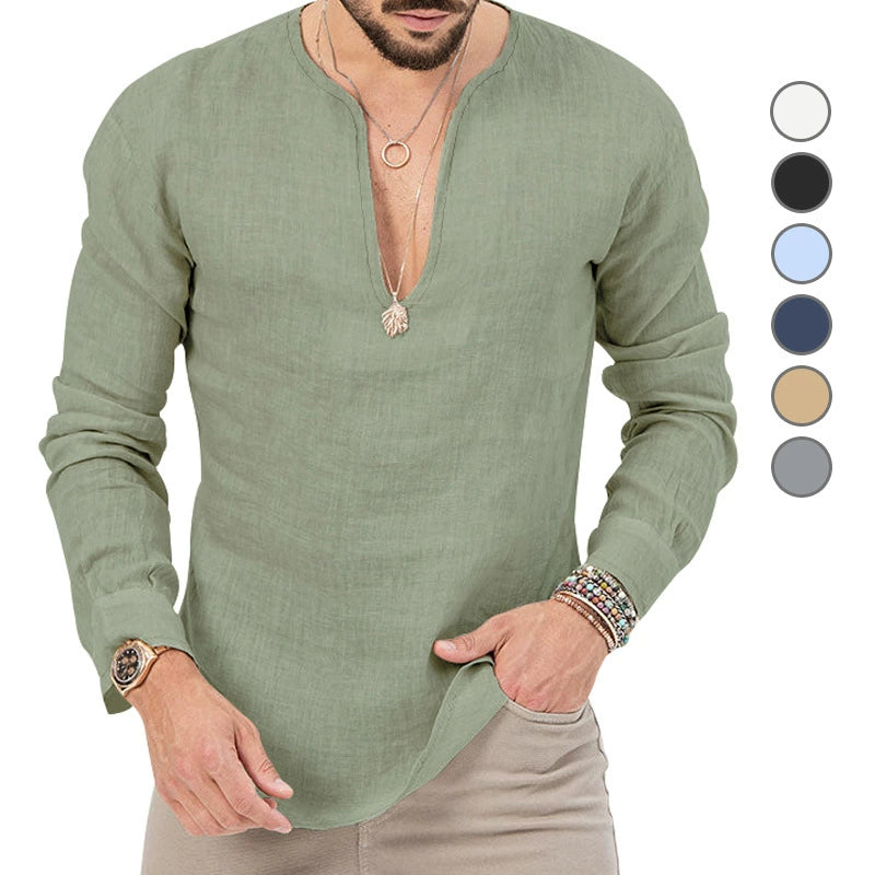 Henry Neck Linen Long-Sleeved T-shirt Japanese Style Henry Collar Long Linen Sleeves T-shirt Men