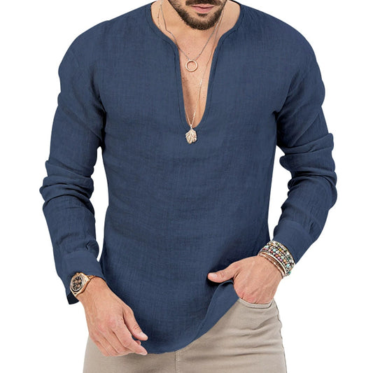 Henry Neck Linen Long-Sleeved T-shirt Japanese Style Henry Collar Long Linen Sleeves T-shirt Men