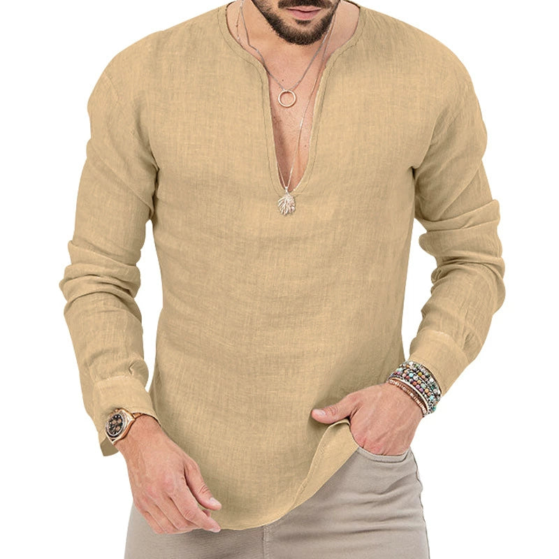 Henry Neck Linen Long-Sleeved T-shirt Japanese Style Henry Collar Long Linen Sleeves T-shirt Men