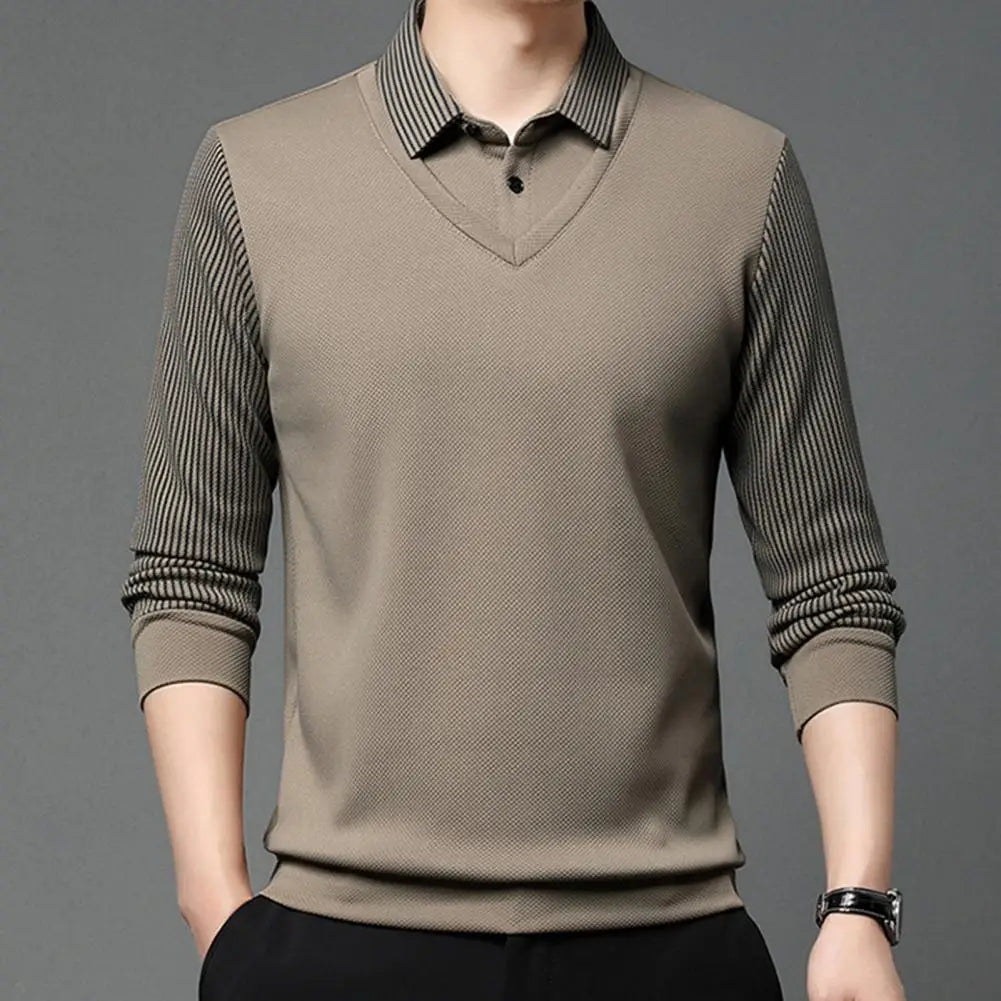 Shirt Collar Sweater Mid-aged Men's Formal Business Style Striped Sweater with Lapel Thick Plush Warm Knitted Pullover for Fall