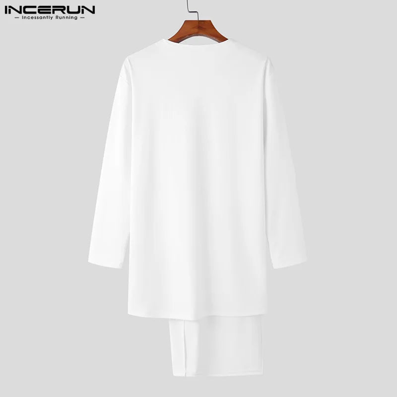 Fashion Casual Style Sets INCERUN Men Long-sleeved T-shirts Trousers Suit Male Fake Two-piece Tops Knitted Two-piece Sets S-5XL