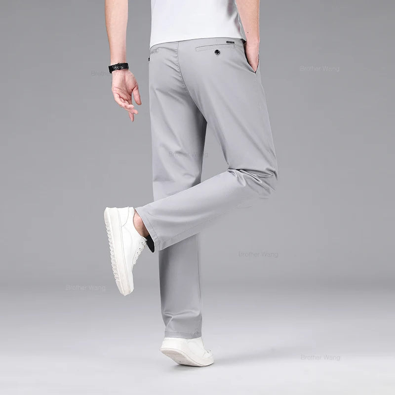 Classic Style Men's Cotton Elastic Casual Pants No Iron Anti-wrinkle Solid Color Business Straight Trousers Brand Clothes