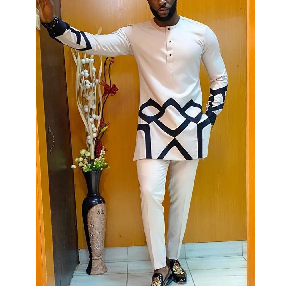 Dashiki African Men Clothing Long Sleeve Round Neck Geometric Panel Shirt and Pants 2-Piece Sets Wedding Party Elegant Men Suit