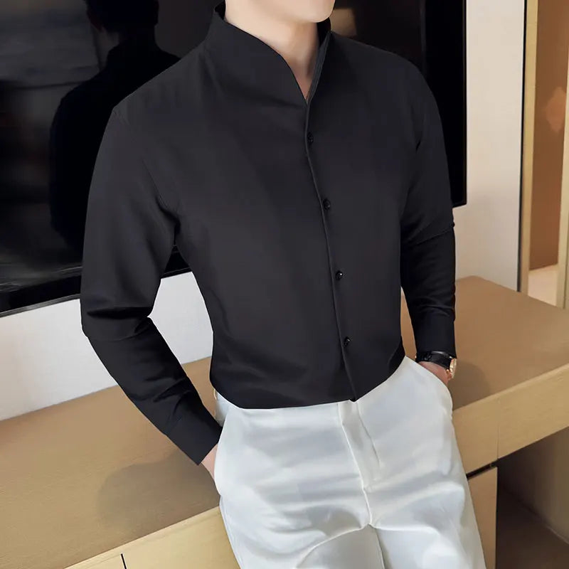 Sexy V-neck Shirt Men's Long Sleeved Casual Shirts Collarless Seamless Business Dress Shirt Social Party Tuxedo Blouse M-4XL