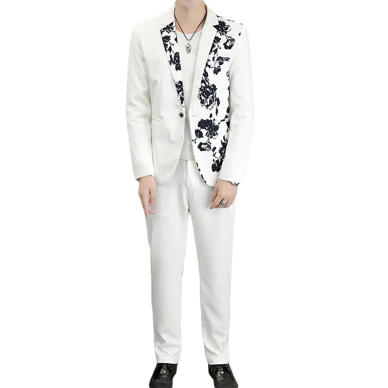 2024 New Men's Yellow Printed Suit Jacket and Trousers Spring Autumn Slim Men 2 Piece White Black Blazer Pants