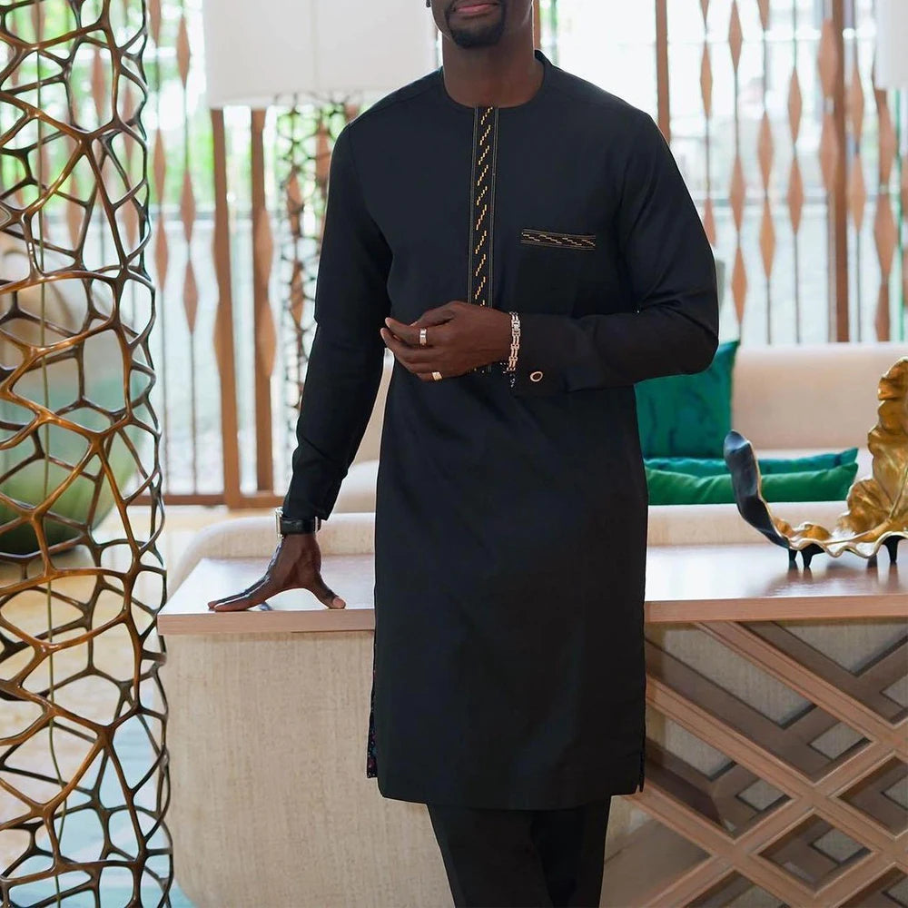 Kaftan Men's Suit Solid Pocket Top Shirt Trousers African Ethnic Casual Style 2 Piece Set Outfits Traditional Wear Male Clothing