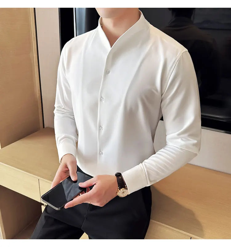 Sexy V-neck Shirt Men's Long Sleeved Casual Shirts Collarless Seamless Business Dress Shirt Social Party Tuxedo Blouse M-4XL