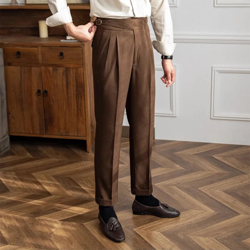 New Casual Solid Color Suit Trousers Men Spring Trendy Belt High Waist Pants Male Business Office Fashion Pleated Straight Pants