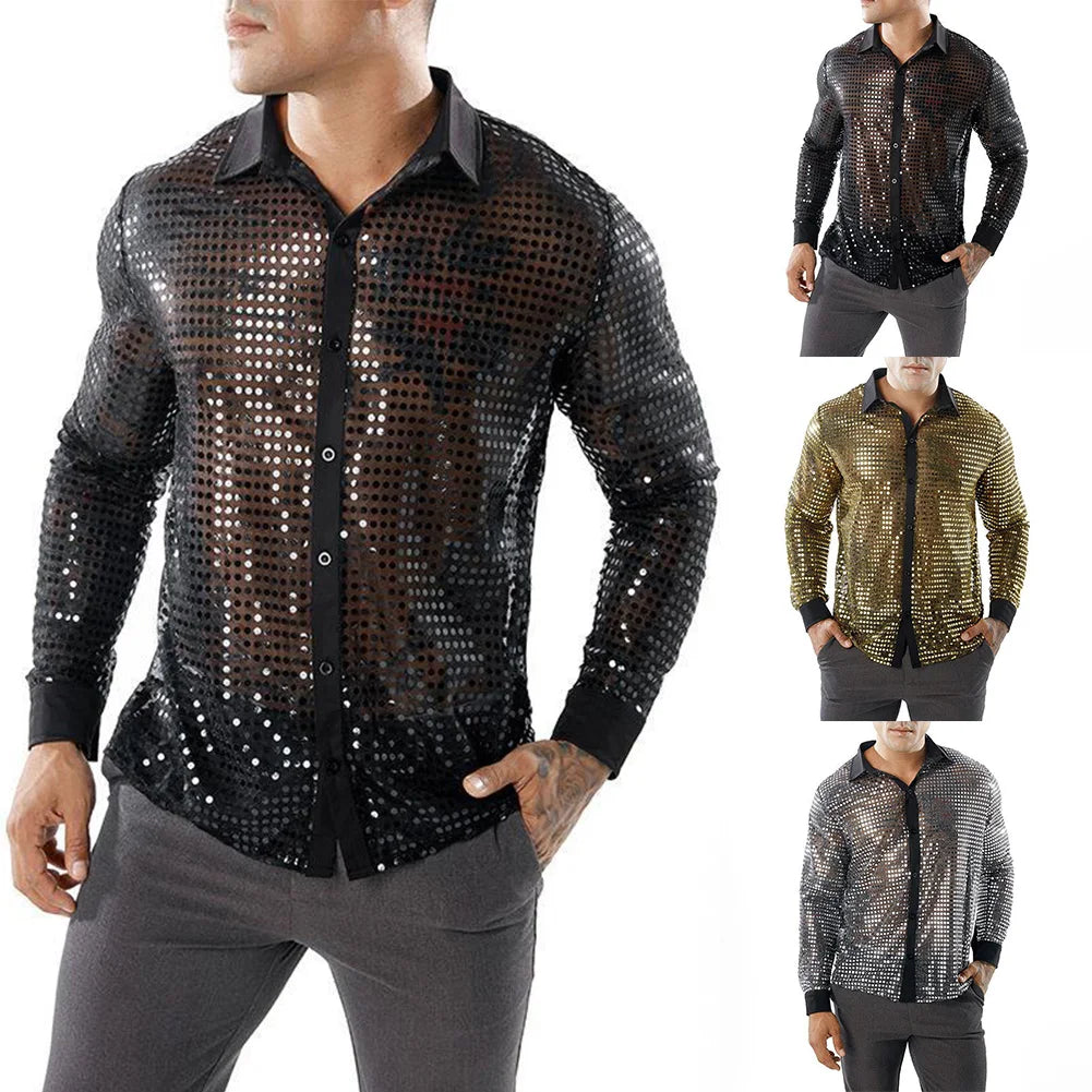 2023 Fashion Mens Sparkly Sequins Party Dance Shirts Retro 70s Disco Nightclub Shirt Tops Single Breasted Performance Clothing