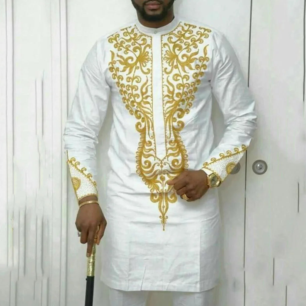 Dashiki African Men Clothing Long Sleeve Round Neck Geometric Panel Shirt and Pants 2-Piece Sets Wedding Party Elegant Men Suit