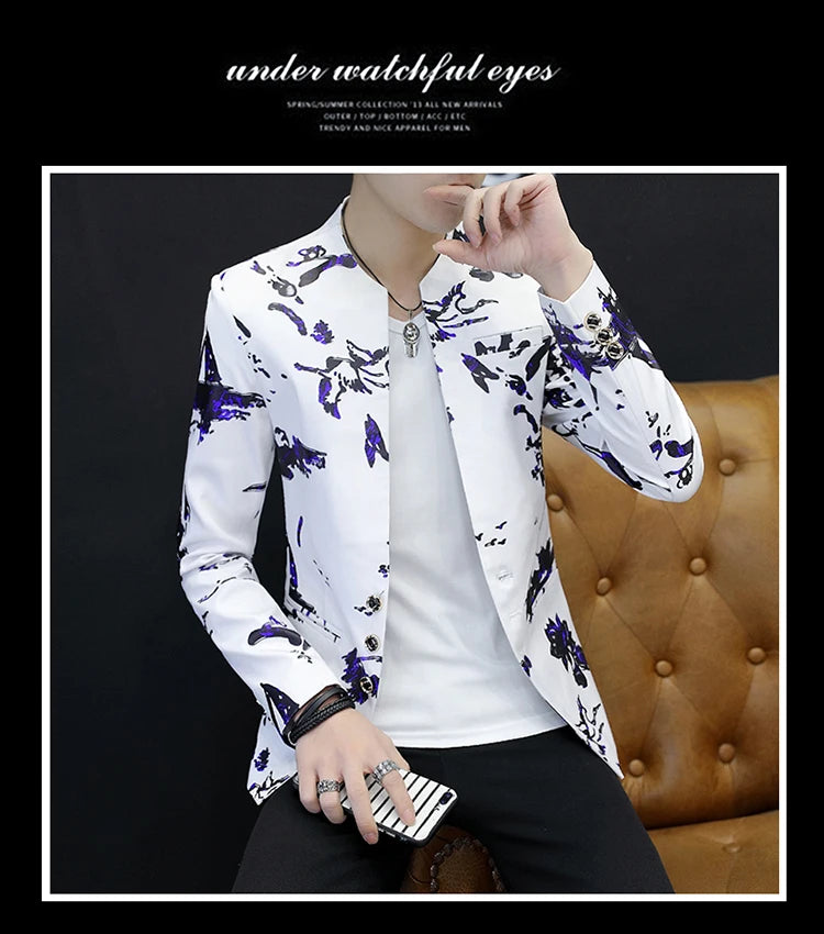 Men's Printed Small Suit Male Korean Version of The Self-cultivation Stand-up Collar Chinese Tunic Casual Suit Thin Jacket Youth