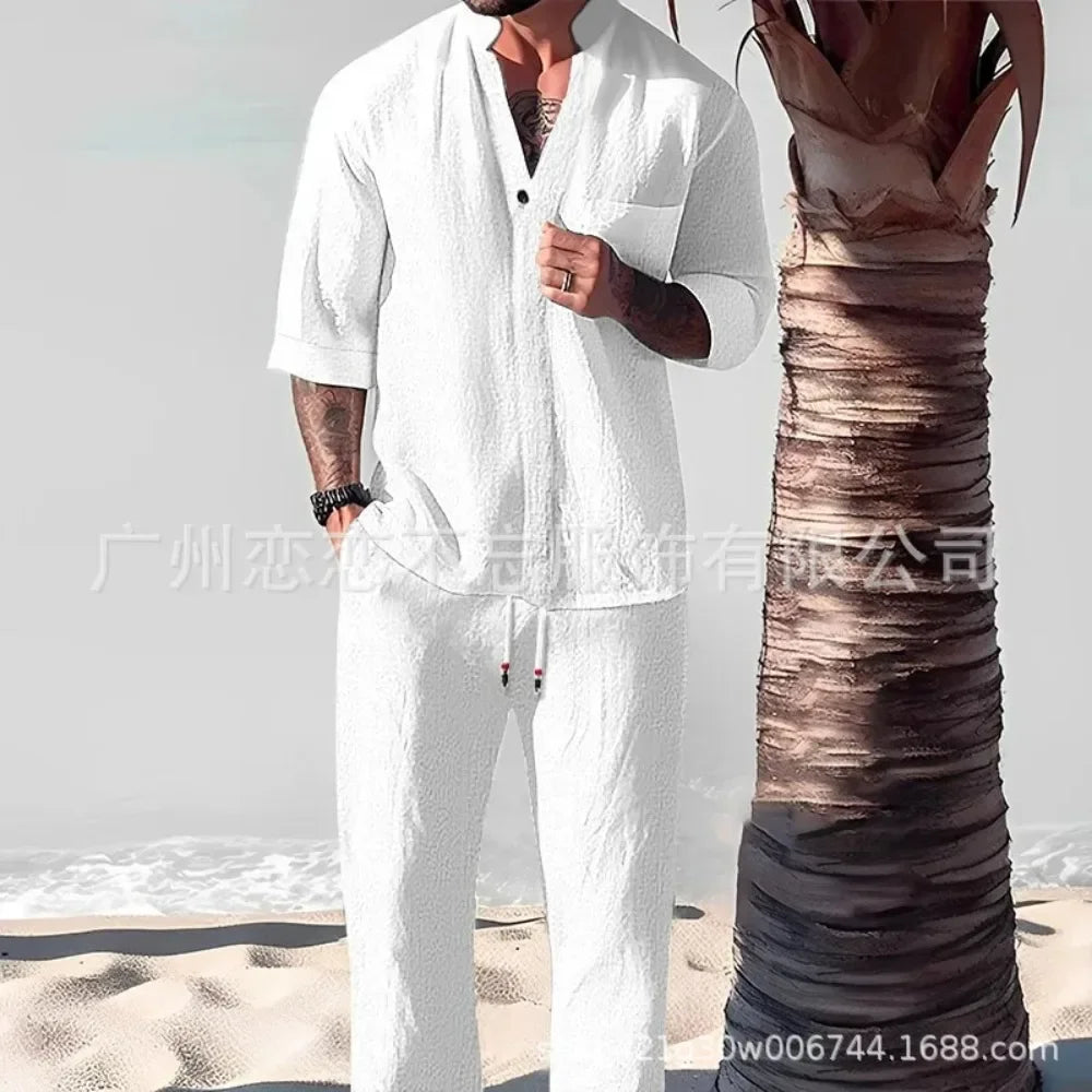 Summer Casual Cotton Linen Two Piece Men Set Fashion Loose V Neck Half Sleeve Tops and Trouser Suits Mens