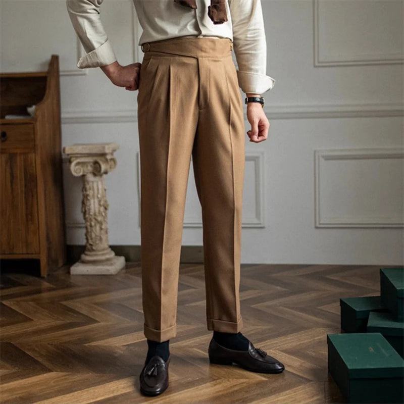 New Casual Solid Color Suit Trousers Men Spring Trendy Belt High Waist Pants Male Business Office Fashion Pleated Straight Pants