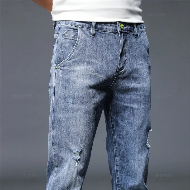 High Quality Brand Summer Stretch Cotton Hole Men's Ankle Length Jeans Streetwear Design Denim Pants Korea Casual Trousers Male