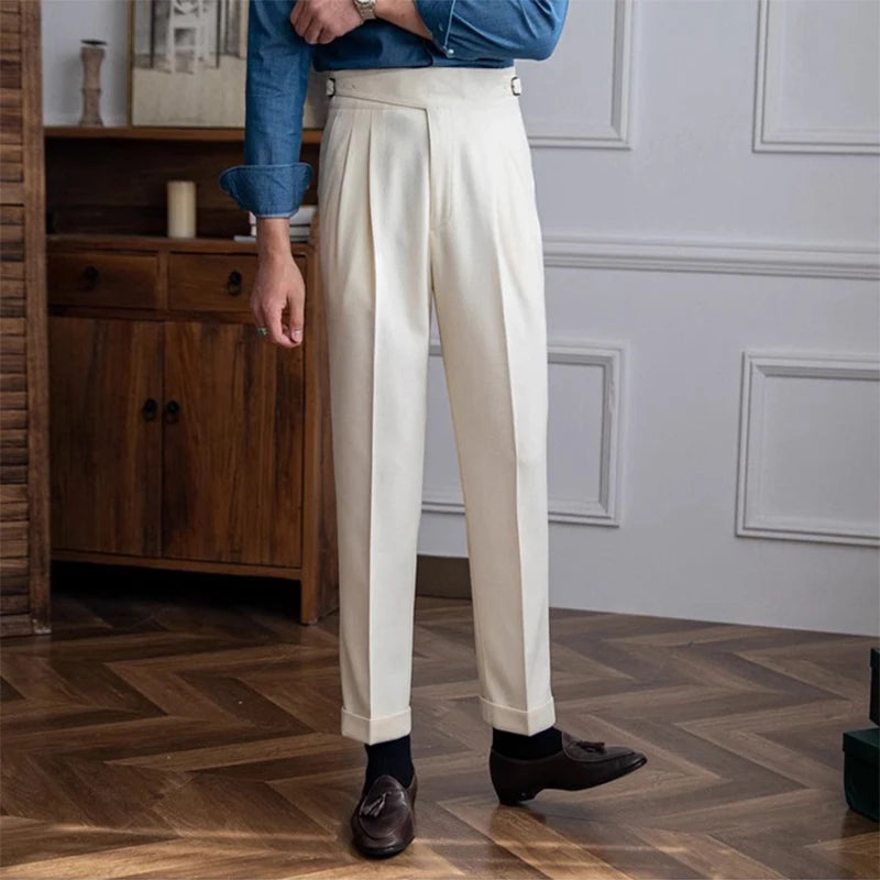 New Casual Solid Color Suit Trousers Men Spring Trendy Belt High Waist Pants Male Business Office Fashion Pleated Straight Pants