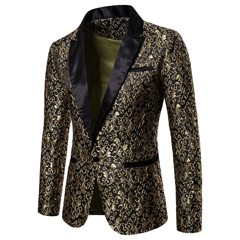 Fashion Men Business Social Jacquard Suit Jacket Single Breasted Top Black / White / Gold Men's Wedding Party Dress Blazers Coat