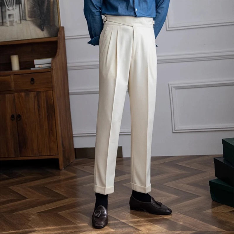 New Casual Solid Color Suit Trousers Men Spring Trendy Belt High Waist Pants Male Business Office Fashion Pleated Straight Pants