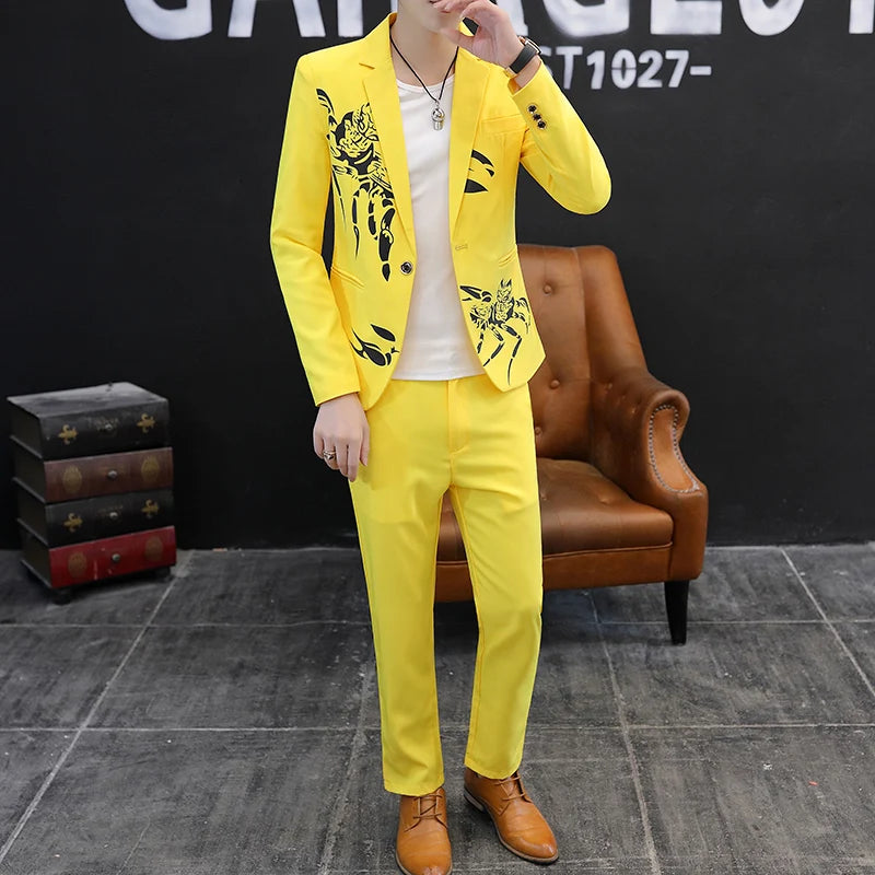 2024 New Men's Yellow Printed Suit Jacket and Trousers Spring Autumn Slim Men 2 Piece White Black Blazer Pants