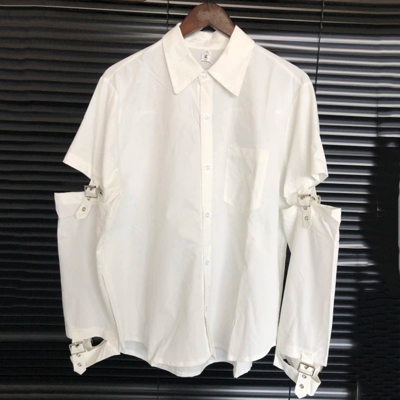 2023 Spliced Sleeve Harajuku Punk Casual Shirt Darkwear High Street Shirt Men's Hip Hop Loose Tops Gothic Grunge Summer Blouse