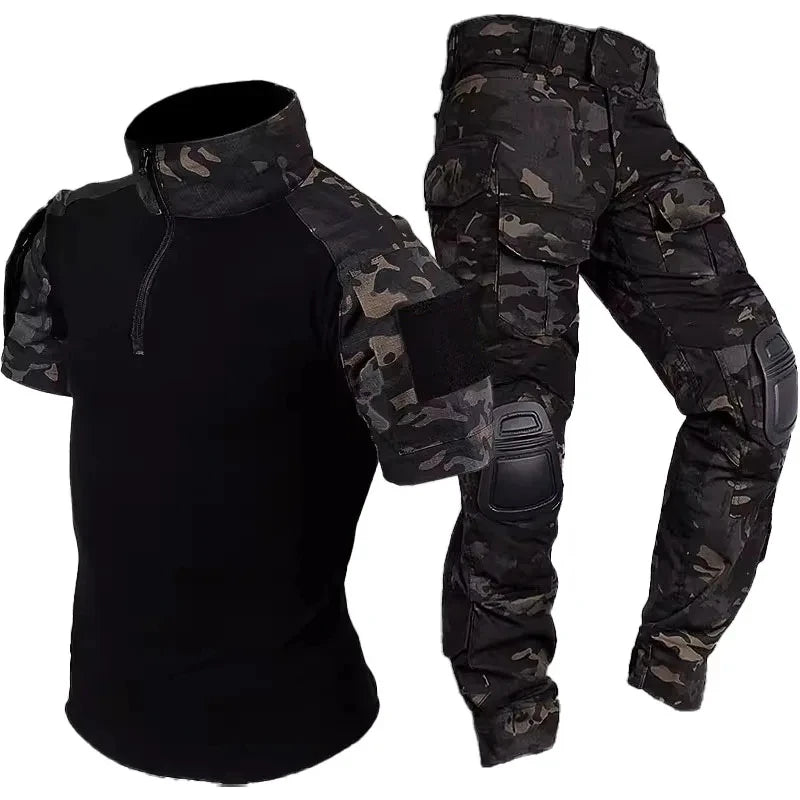 Summer Short Sleeve Sets Men Breathable Tactical Tshirts+Multi-pocket Straight Cargo Pants 2 Pcs Suits Camo Work Training Set