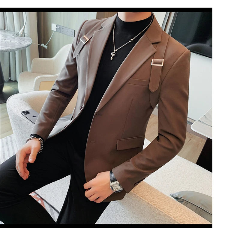 Brand Autumn Winter Strap Decoration Suit Jacket for Men Slim Fit Casual Business Blazers Fashion Wedding Groom Social Coat 2023