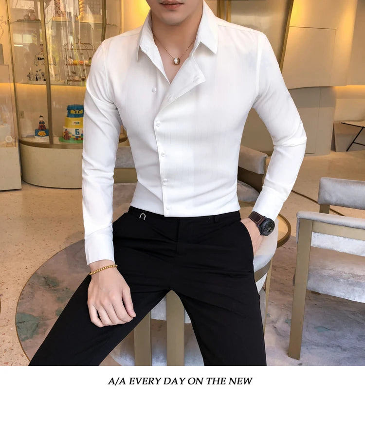 Men British Business Formal Social Long-sleeved Shirts Solid Color Homme Casual Slim Side Front Personality Party Banquet Blouse