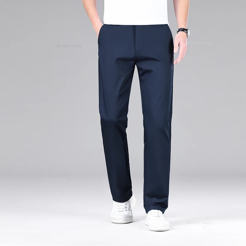 Classic Style Men's Cotton Elastic Casual Pants No Iron Anti-wrinkle Solid Color Business Straight Trousers Brand Clothes