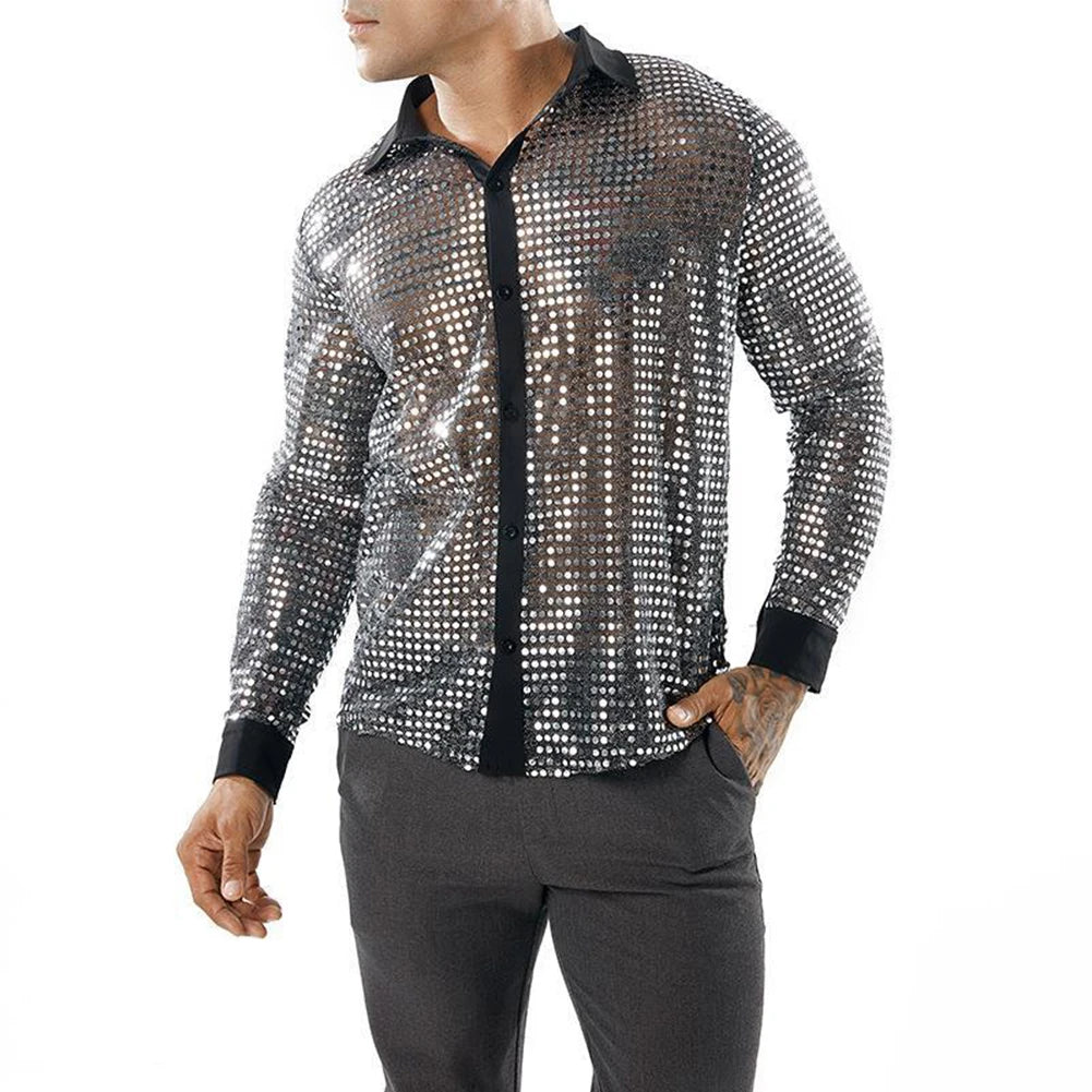 2023 Fashion Mens Sparkly Sequins Party Dance Shirts Retro 70s Disco Nightclub Shirt Tops Single Breasted Performance Clothing