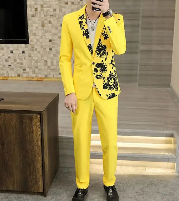 2024 New Men's Yellow Printed Suit Jacket and Trousers Spring Autumn Slim Men 2 Piece White Black Blazer Pants