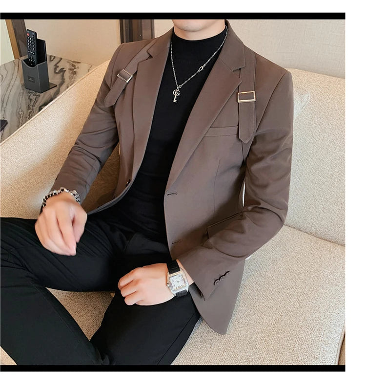 Brand Autumn Winter Strap Decoration Suit Jacket for Men Slim Fit Casual Business Blazers Fashion Wedding Groom Social Coat 2023