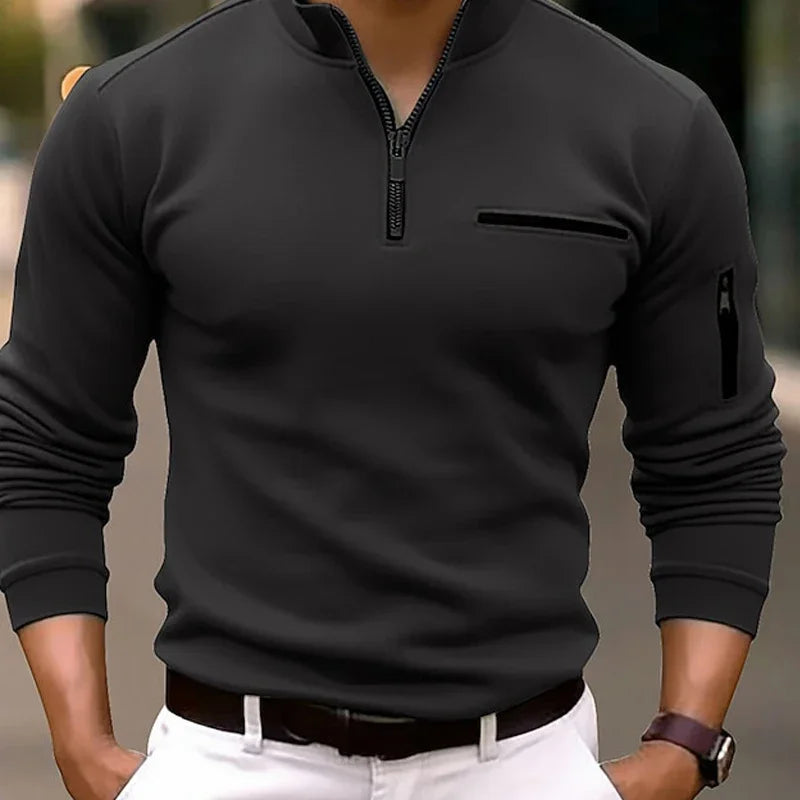 Spring Fashion Zipper Design Polo Shirts 2024 Casual Solid Color O-Neck Tees Pullover Fashion Men Clothing Long Sleeve