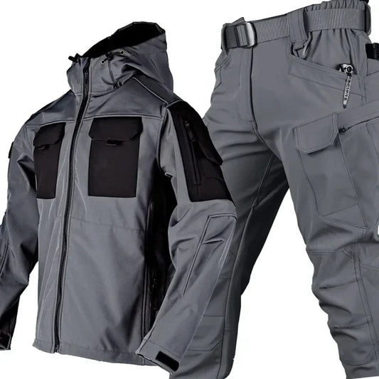 Soft Shell Hunting Suit Men Waterproof Tactical 2 Pcs Set Shark Skin Windproof Hooded Jacket Multi-pockets Cargo Pants Uniforms