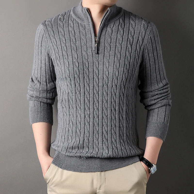 2023 Winter Men's Quarter Zip Sweater Slim Fit Casual Knitted Turtleneck Pullover Mock Neck Polo Sweater