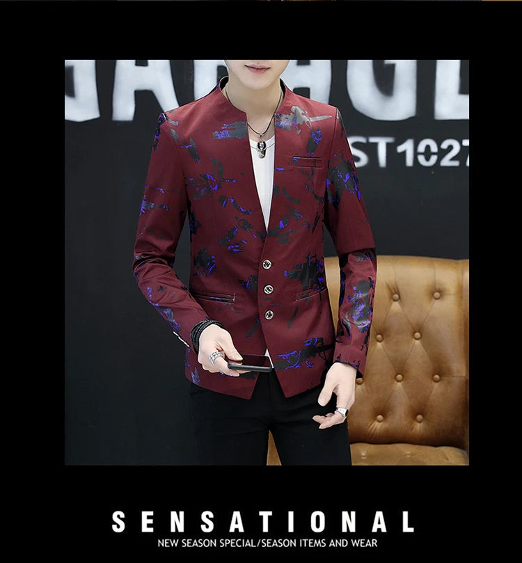 Men's Printed Small Suit Male Korean Version of The Self-cultivation Stand-up Collar Chinese Tunic Casual Suit Thin Jacket Youth