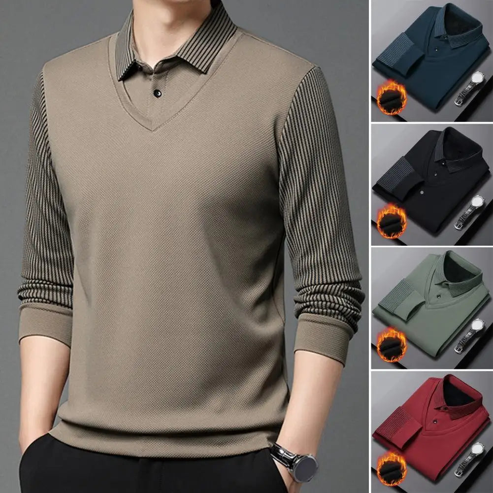 Shirt Collar Sweater Mid-aged Men's Formal Business Style Striped Sweater with Lapel Thick Plush Warm Knitted Pullover for Fall