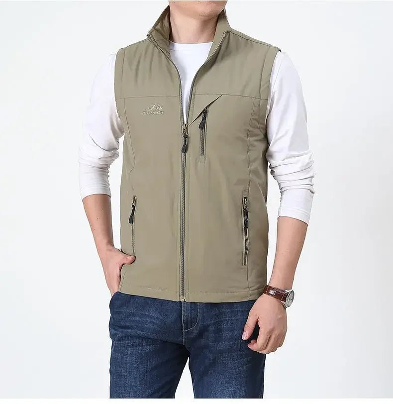 Summer Thin Vest Jacket Men Outdoor Casual Clothes Lightweight Short Sleeve Vests Men Stand Collar Male Trekking Coat Traveling