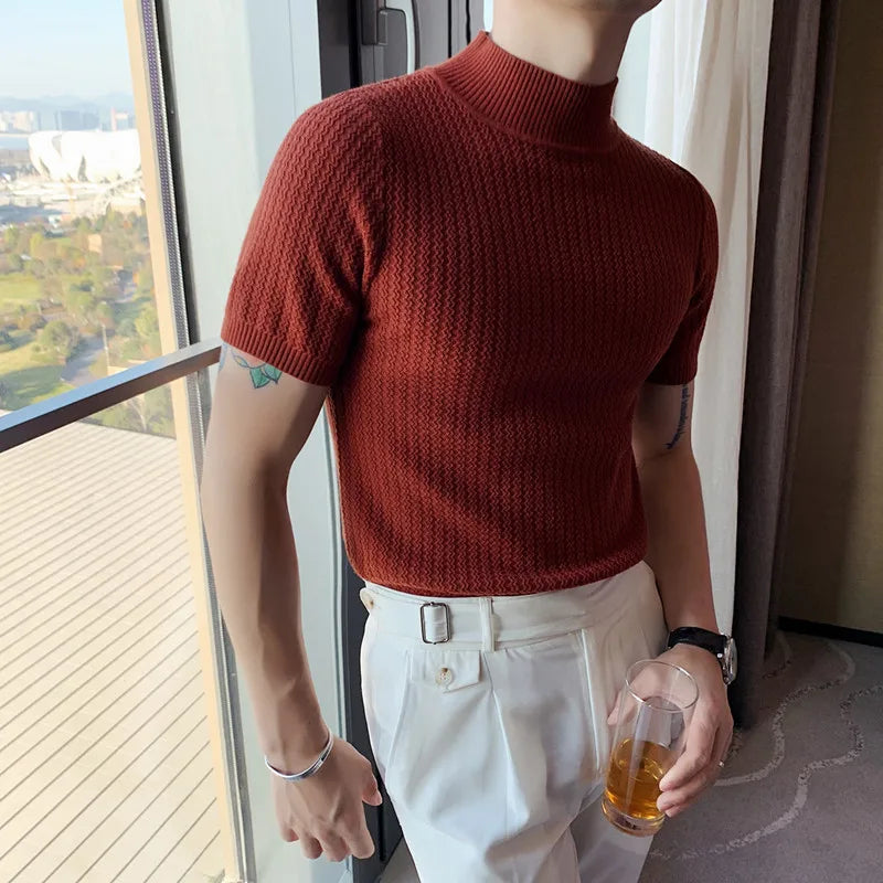 Men Short Sleeve Knitted Sweater 2024 Spring New Turtleneck Solid Color Casual Stretched Slim Fit Homme Pullovers Men's Clothing