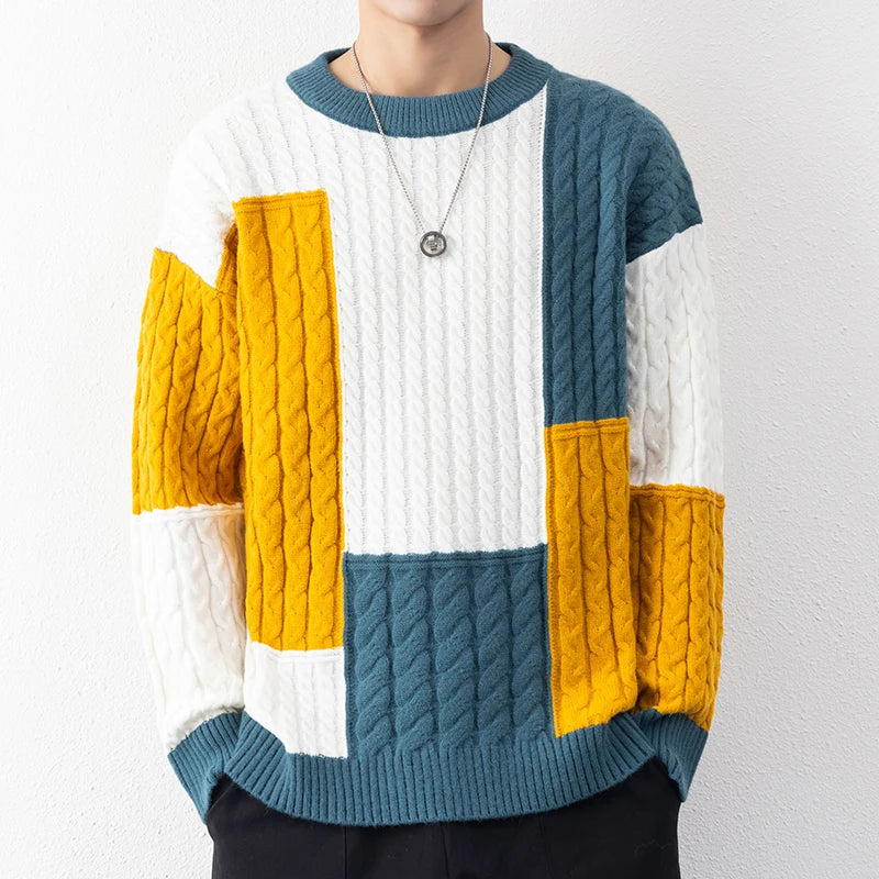 New Spring Winter Fashion Patchwork Loose Sweater Men Streetwear High Quality Mens Casual Sweaters Warm Knitting Pullovers Men