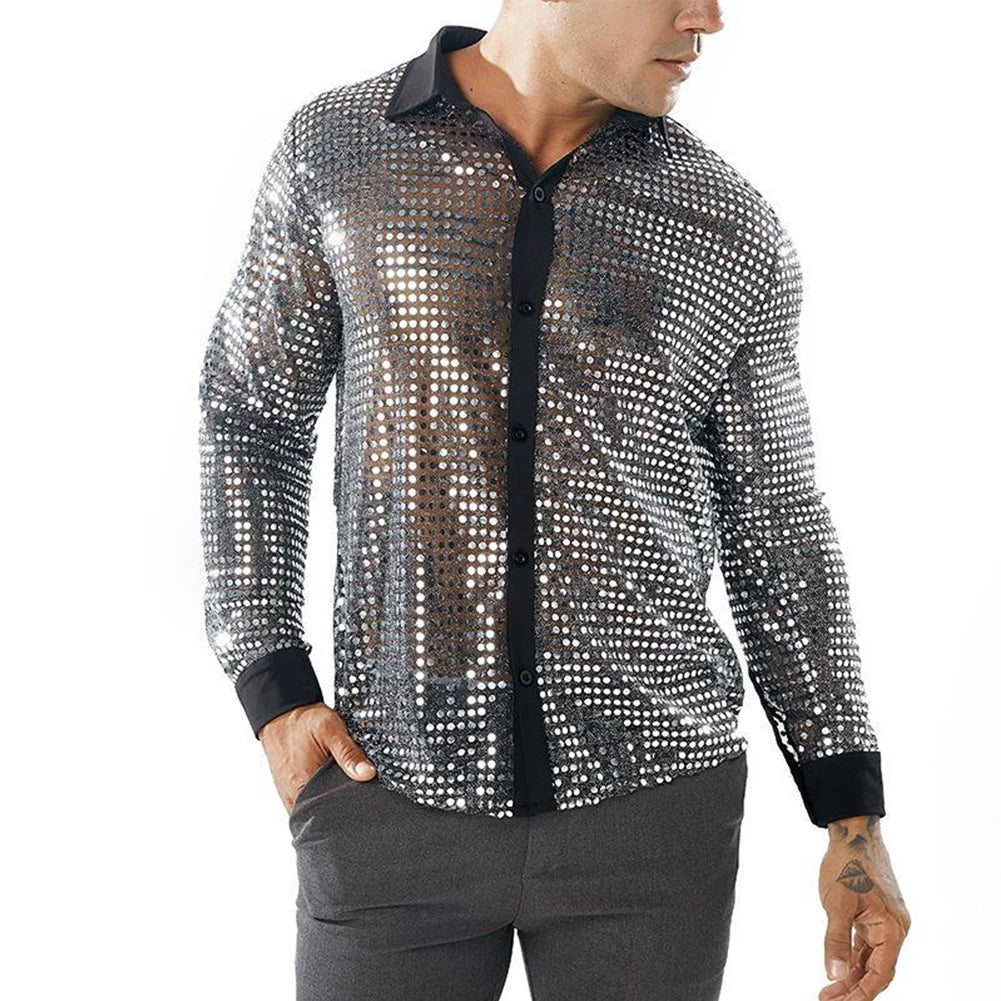 2023 Fashion Mens Sparkly Sequins Party Dance Shirts Retro 70s Disco Nightclub Shirt Tops Single Breasted Performance Clothing