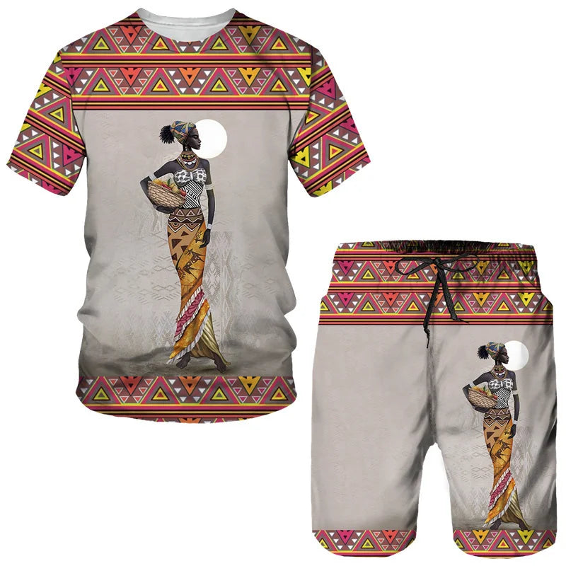 Fashion Men Summer Crew Neck Short Sleeve Top/Shorts/Retro Ethnic Style African Clothes Street Outfits Men's Leisure Sports Suit