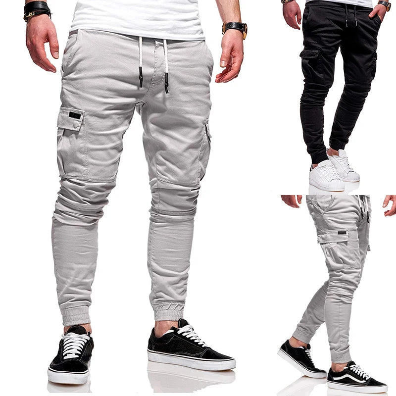 Men's Jogging Pants Denim Flip Pocket Side Drawstring Waist Overalls Leisure Elastic Sports Pants Training Tactical Pants